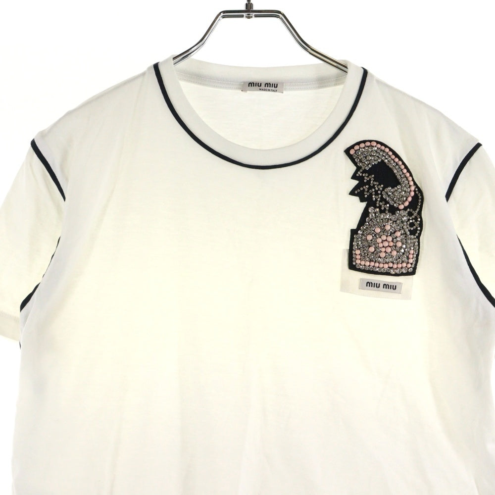miumiu(ミュウミュウ) 17SS ラインストーン 電話モチーフ ワッペンロゴ パイピングデザイン クルーネック 半袖Tシャツ カットソー ホワイト レディース MJM991