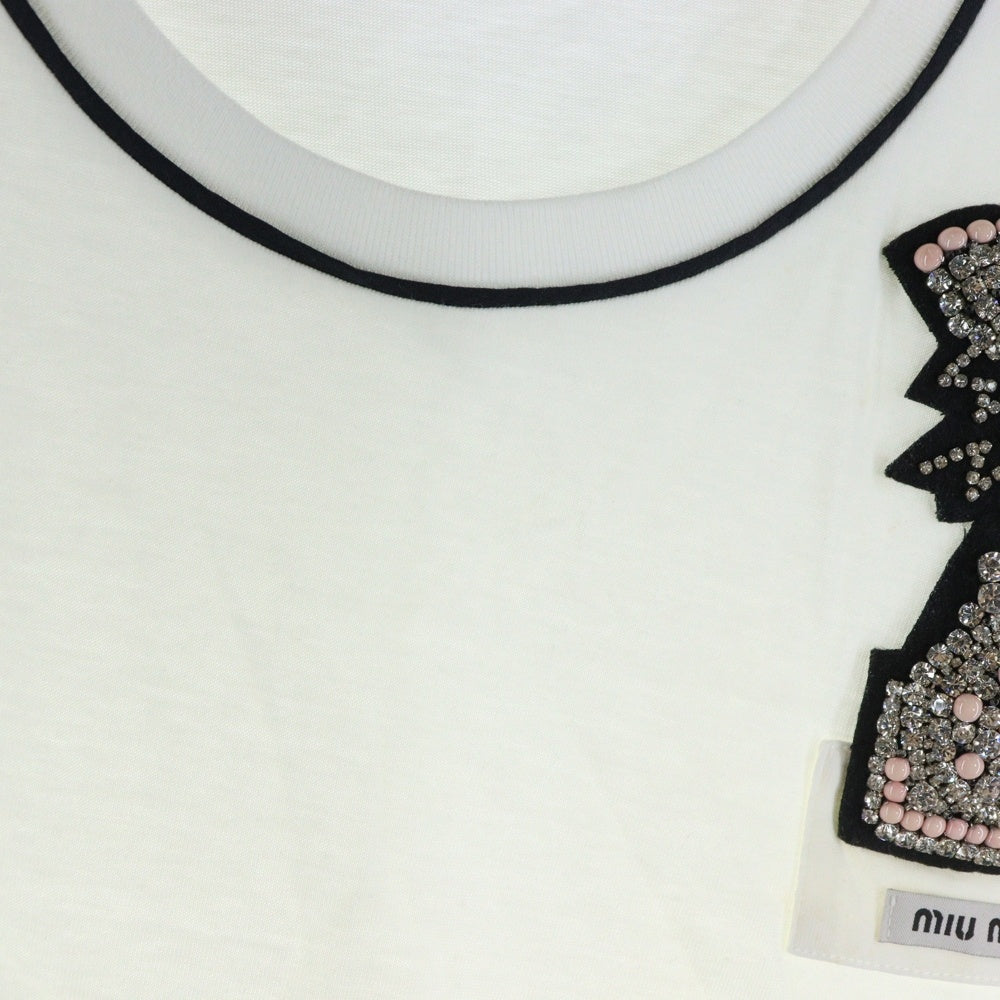 miumiu(ミュウミュウ) 17SS ラインストーン 電話モチーフ ワッペンロゴ パイピングデザイン クルーネック 半袖Tシャツ カットソー ホワイト レディース MJM991
