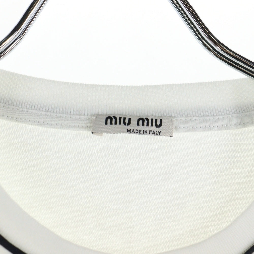 miumiu(ミュウミュウ) 17SS ラインストーン 電話モチーフ ワッペンロゴ パイピングデザイン クルーネック 半袖Tシャツ カットソー ホワイト レディース MJM991