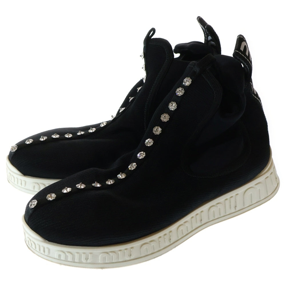 miumiu(ミュウミュウ) ビジュー クリスタル装飾 ロゴ サイドゴア ハイカットシューズ ソックススニーカー ブラック レディース 920