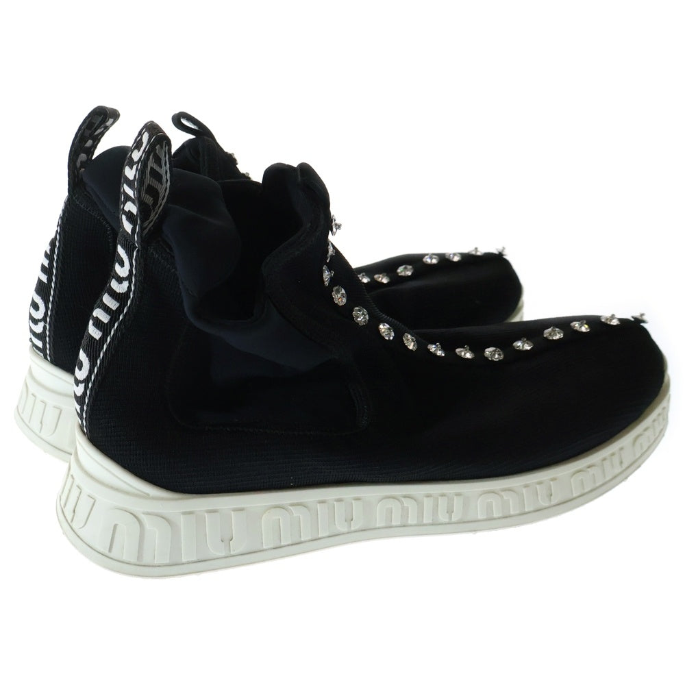 miumiu(ミュウミュウ) ビジュー クリスタル装飾 ロゴ サイドゴア ハイカットシューズ ソックススニーカー ブラック レディース 920