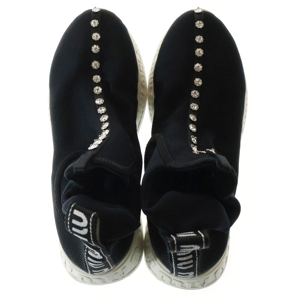 miumiu(ミュウミュウ) ビジュー クリスタル装飾 ロゴ サイドゴア ハイカットシューズ ソックススニーカー ブラック レディース 920