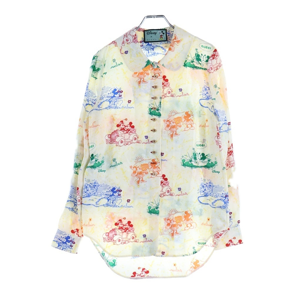 GUCCI(グッチ) ×Disney ディズニー ミッキー ミニー 総柄プリント 丸襟 シルク ロングスリーブ 長袖シャツ イエロー レディース 609427