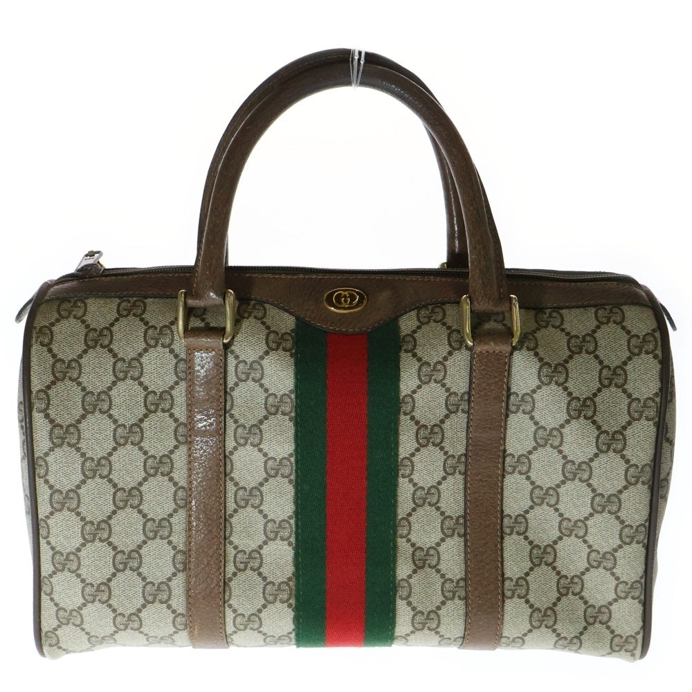GUCCI(グッチ) オールド GGスプリーム インターロッキングG ロゴプレート シェリーライン PVC レザー ミニ ハンド ボストンバッグ ゴールド金具 ブラウン 39 02 007
