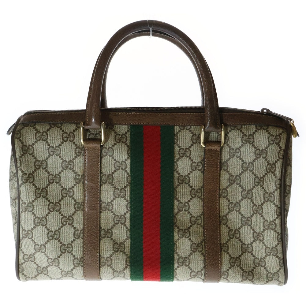 GUCCI(グッチ) オールド GGスプリーム インターロッキングG ロゴプレート シェリーライン PVC レザー ミニ ハンド ボストンバッグ ゴールド金具 ブラウン 39 02 007