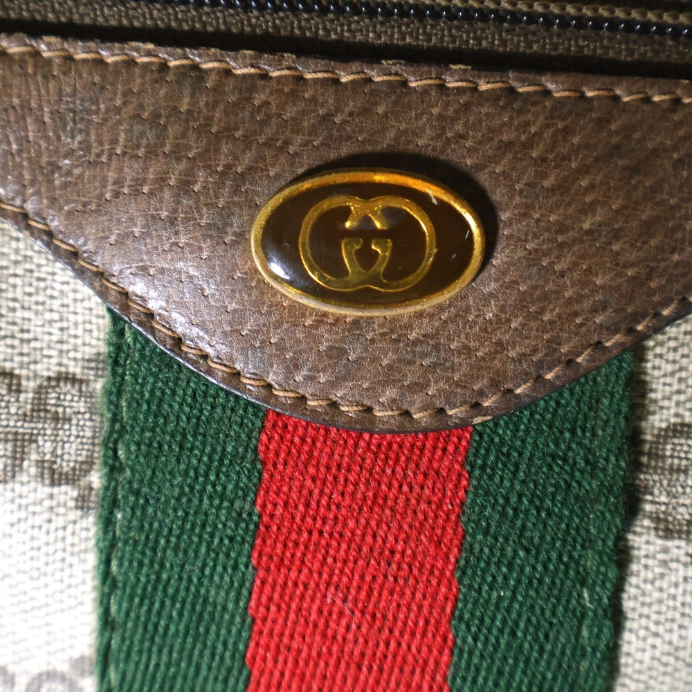 GUCCI(グッチ) オールド GGスプリーム インターロッキングG ロゴプレート シェリーライン PVC レザー ミニ ハンド ボストンバッグ ゴールド金具 ブラウン 39 02 007