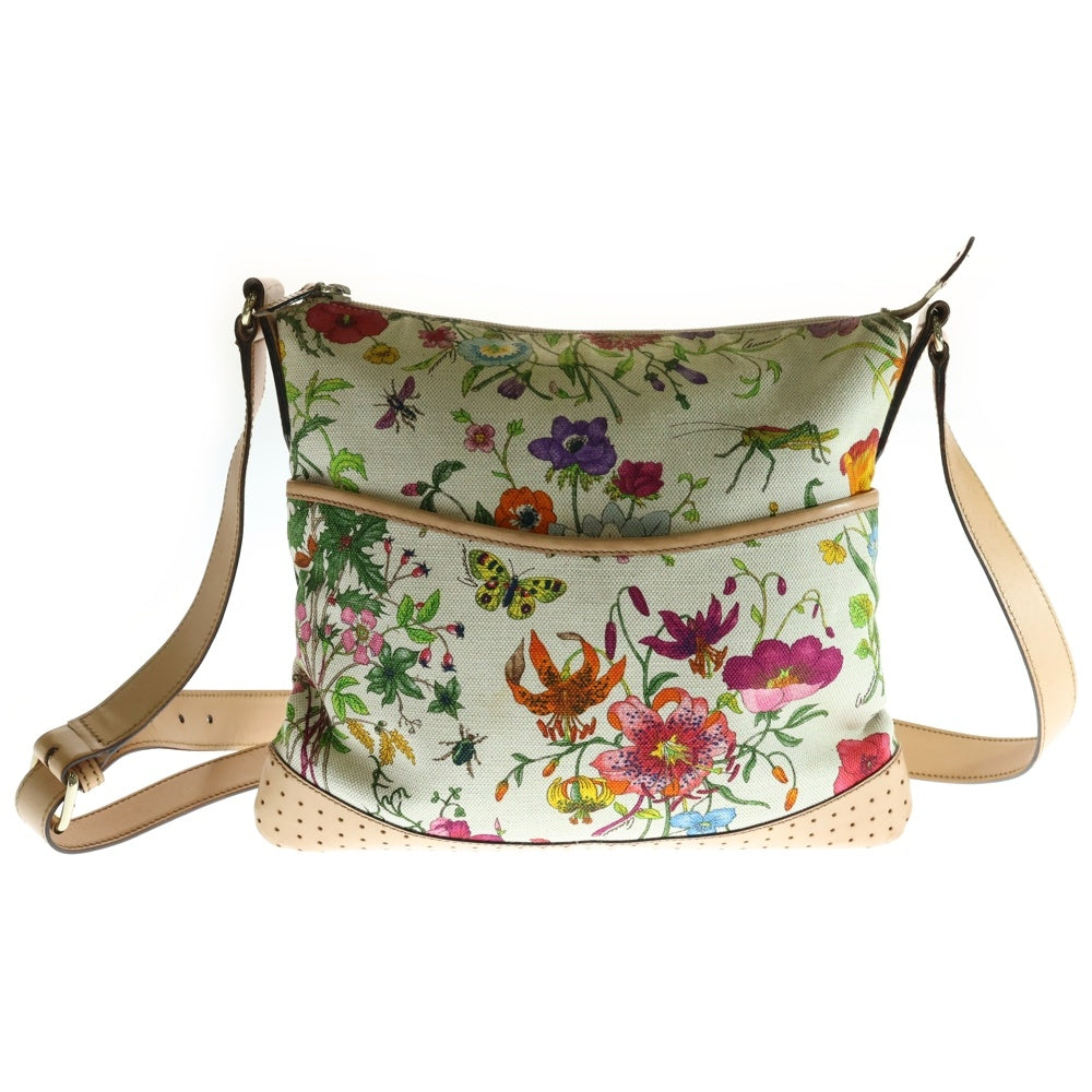 GUCCI(グッチ) フローラ フラワー柄プリント パンチングレザー ショルダーバッグ ベージュ 145857