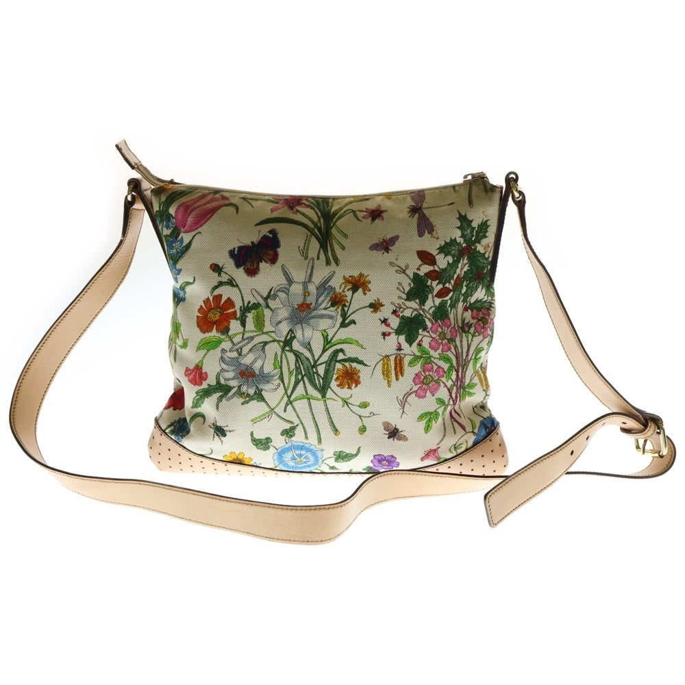 GUCCI(グッチ) フローラ フラワー柄プリント パンチングレザー ショルダーバッグ ベージュ 145857