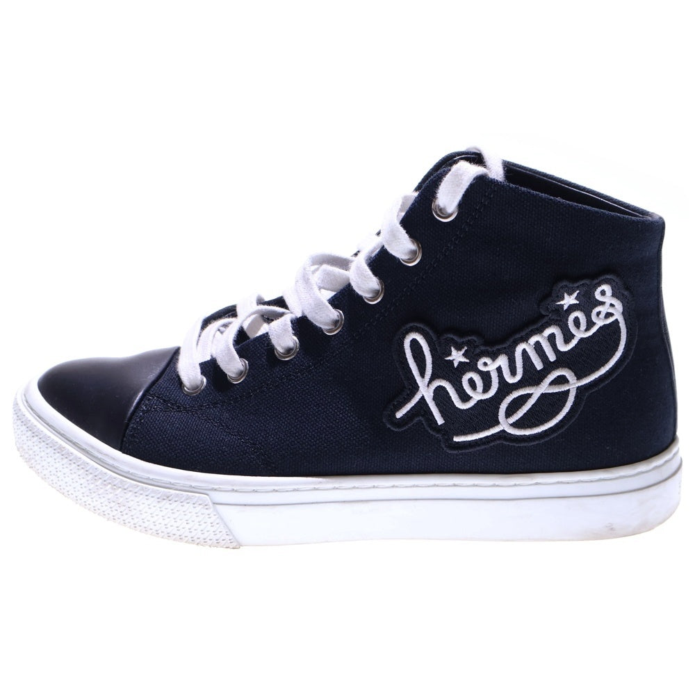 HERMES(エルメス) イリコ ワッペンロゴ刺繍 キャンバス レザー レースアップ ハイカットシューズ スニーカー ブラック レディース