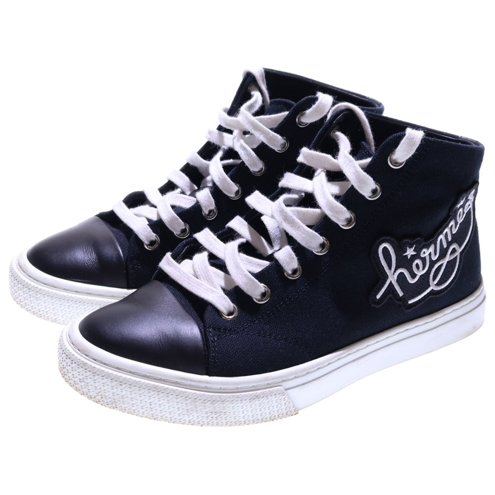 HERMES(エルメス) イリコ ワッペンロゴ刺繍 キャンバス レザー レースアップ ハイカットシューズ スニーカー ブラック レディース