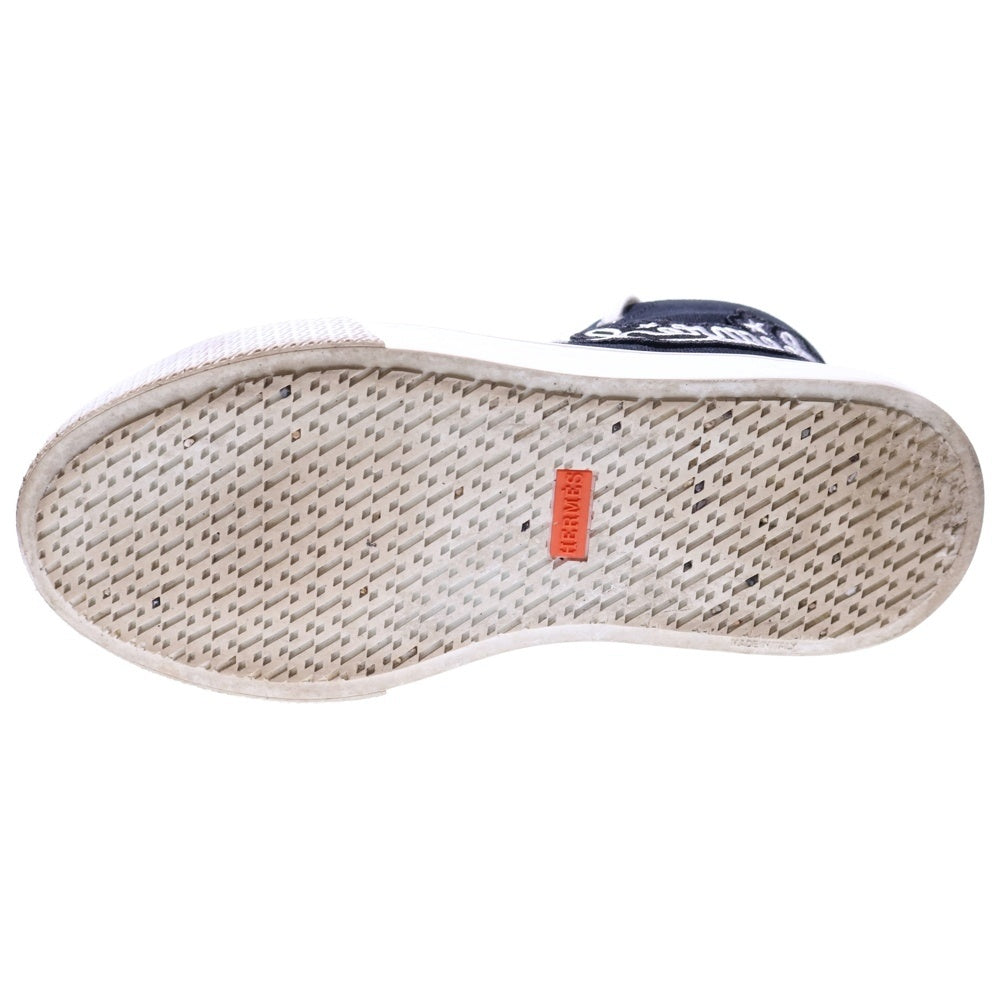 HERMES(エルメス) イリコ ワッペンロゴ刺繍 キャンバス レザー レースアップ ハイカットシューズ スニーカー ブラック レディース