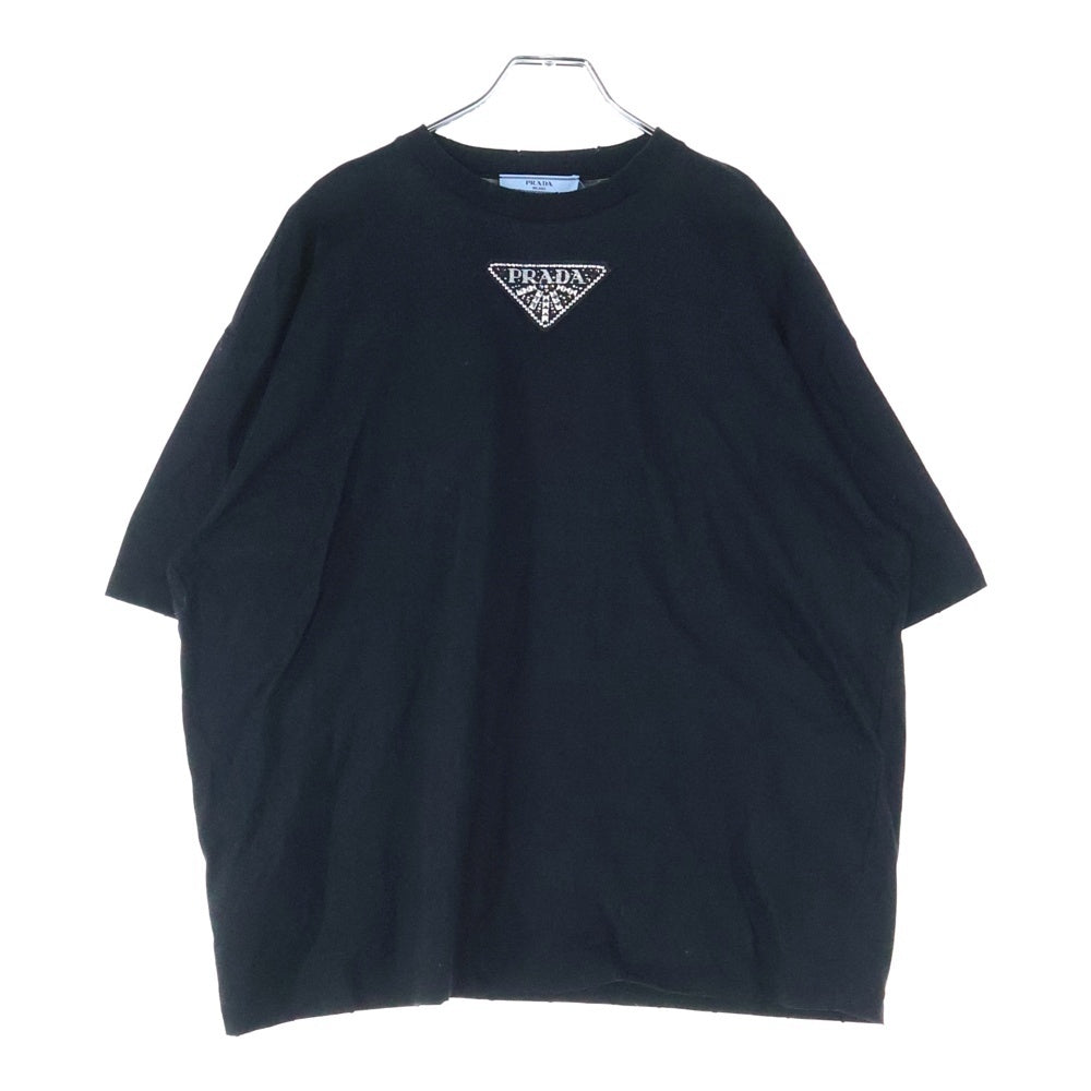 PRADA(プラダ) 22SS ビジュー スタッズ トライアングルロゴワッペン クルーネック 半袖Tシャツ カットソー ブラック レディース 3572AR
