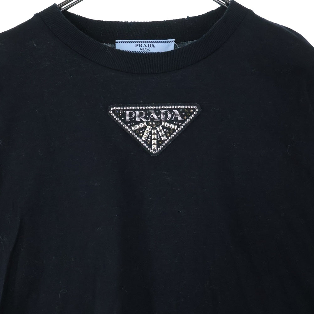 PRADA(プラダ) 22SS ビジュー スタッズ トライアングルロゴワッペン クルーネック 半袖Tシャツ カットソー ブラック レディース 3572AR