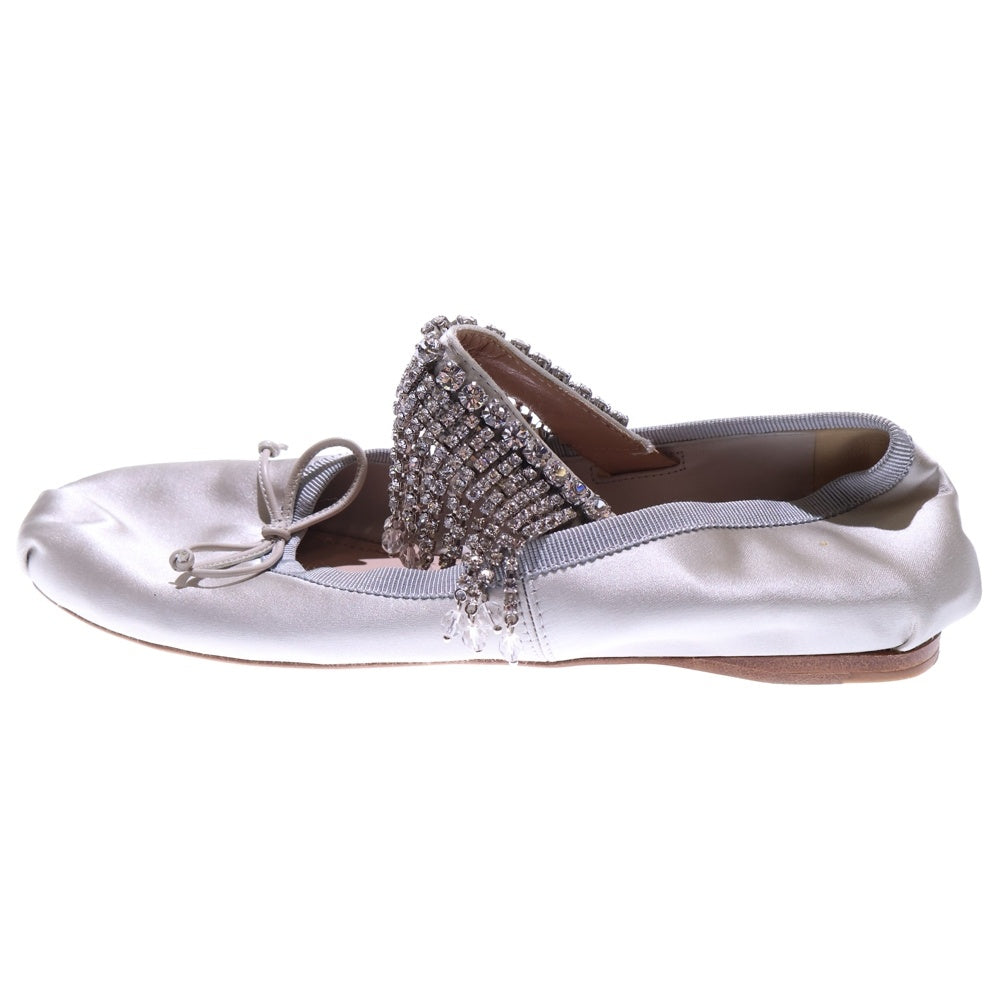 miumiu(ミュウミュウ) ラインストーン ビジュー装飾 リボン サテン フラット バレエ シューズ グレー/シルバー レディース