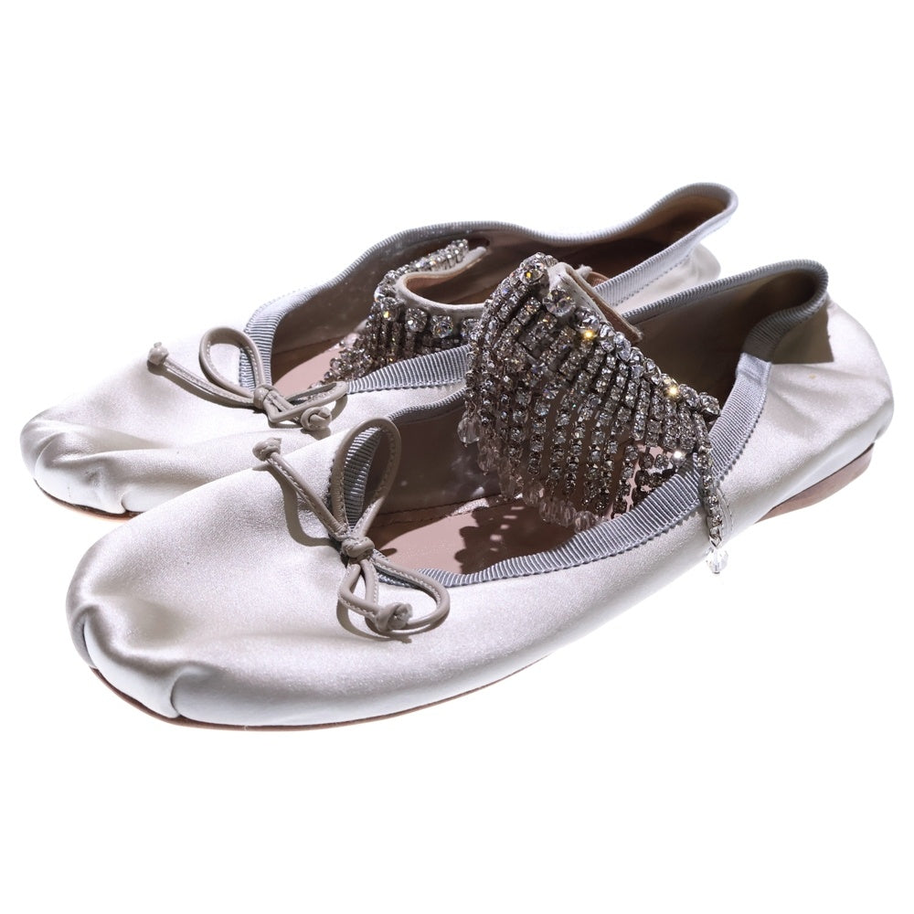 miumiu(ミュウミュウ) ラインストーン ビジュー装飾 リボン サテン フラット バレエ シューズ グレー/シルバー レディース