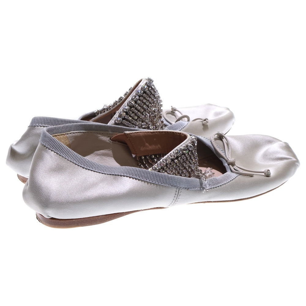 miumiu(ミュウミュウ) ラインストーン ビジュー装飾 リボン サテン フラット バレエ シューズ グレー/シルバー レディース