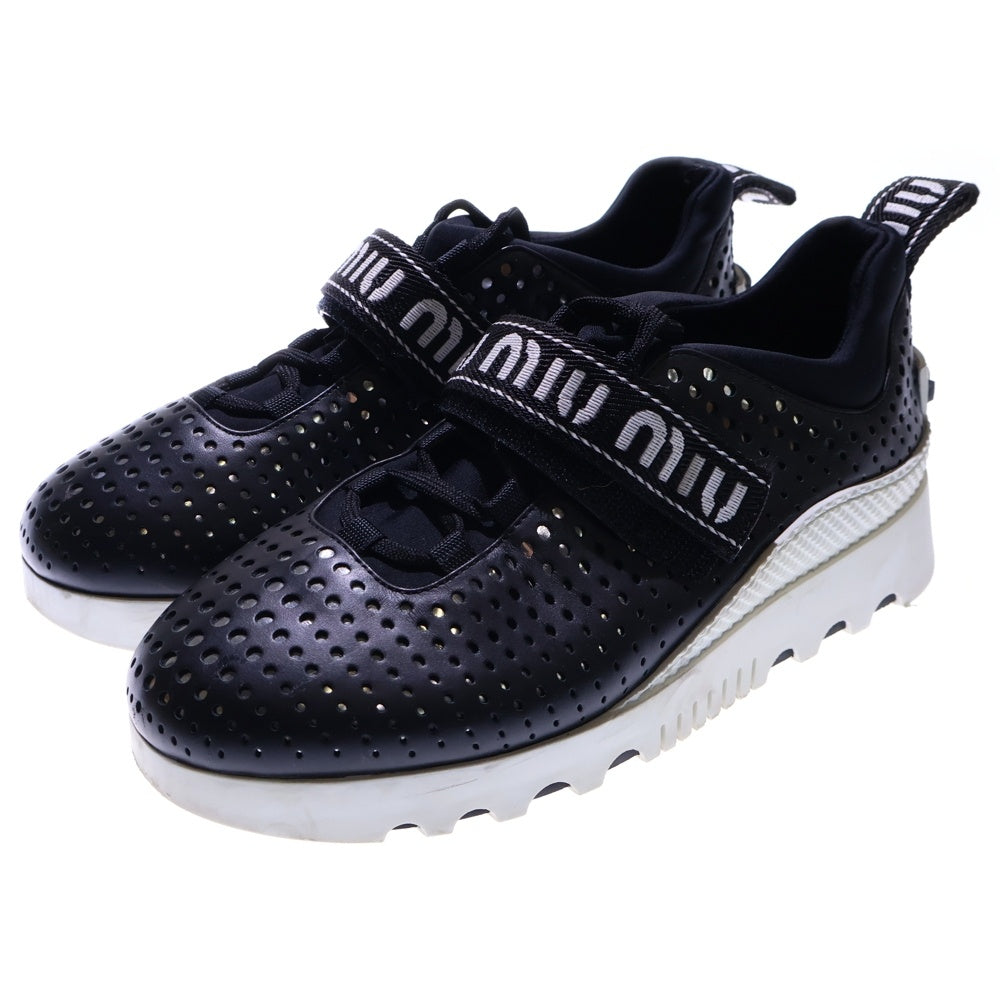 miumiu(ミュウミュウ) ロゴベルト パンチングレザー ベルクロ レースアップ ローカットシューズ スニーカー ブラック/シルバー レディース