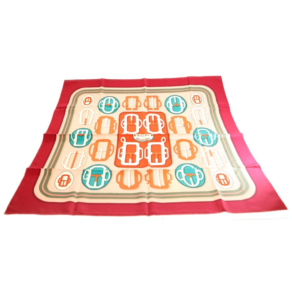 HERMES(エルメス) カレ90 バックル柄 シルク オレンジ×ターコイズ