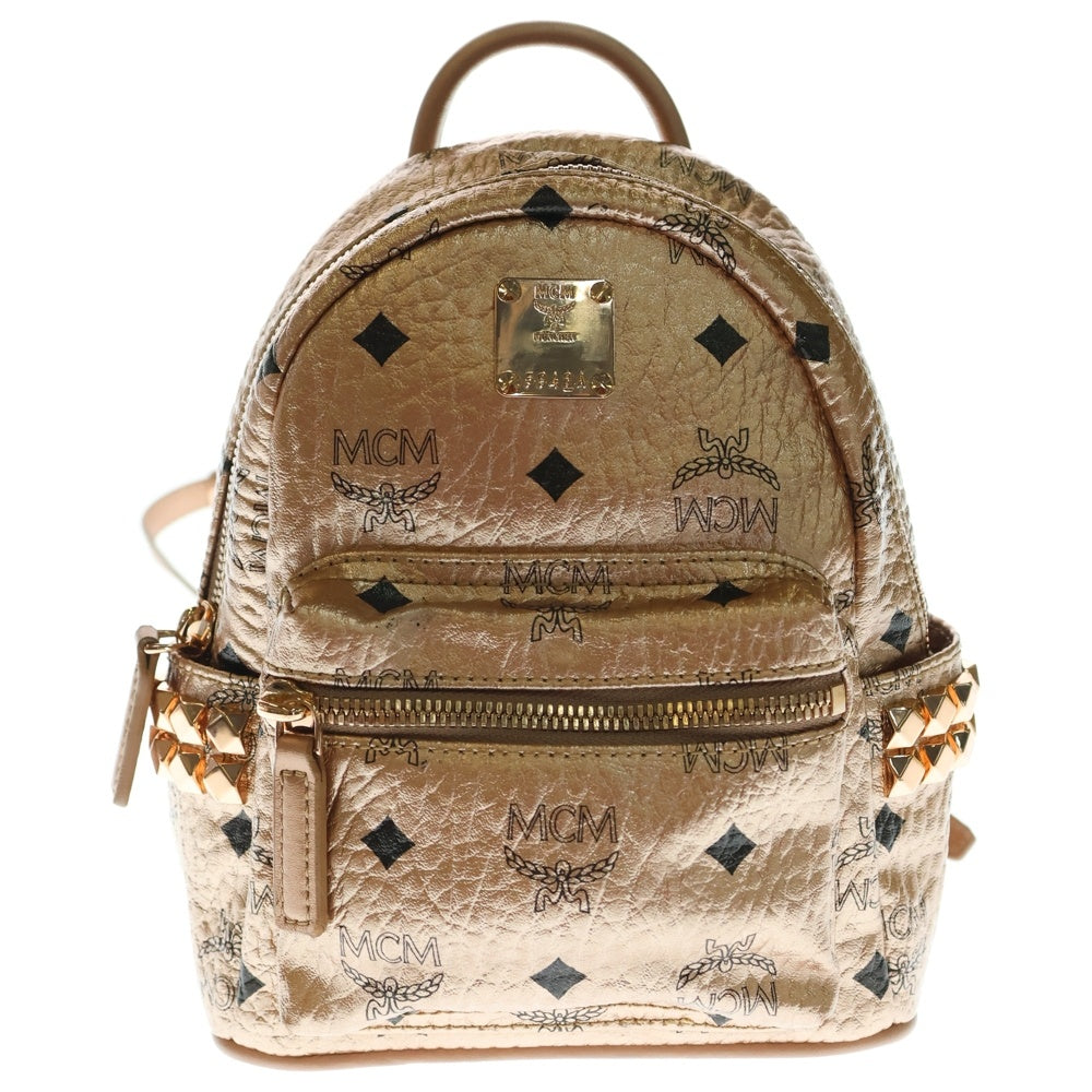 MCM(エム シー エム) ミニリュック スタッズ ヴィセトスロゴプレート メタリックレザー デイパック バックパック リュックサック ピンクゴールド金具 ピンクゴールド