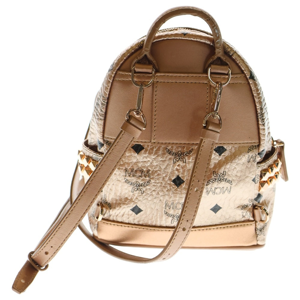 MCM(エム シー エム) ミニリュック スタッズ ヴィセトスロゴプレート メタリックレザー デイパック バックパック リュックサック ピンクゴールド金具 ピンクゴールド