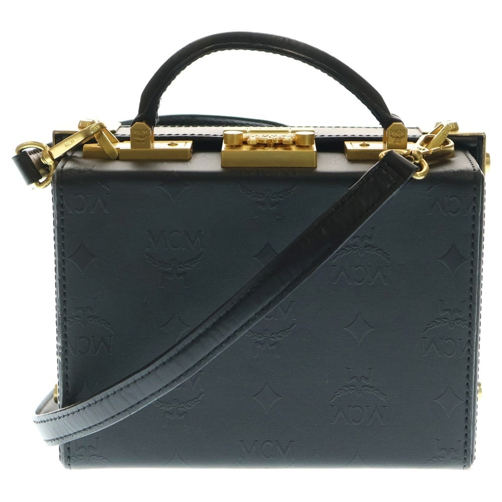 MCM(エム シー エム) ヴィセトス ロゴプレート スタッズ レザー 2WAY ミニ トランク ショルダーバッグ ゴールド金具 ブラック