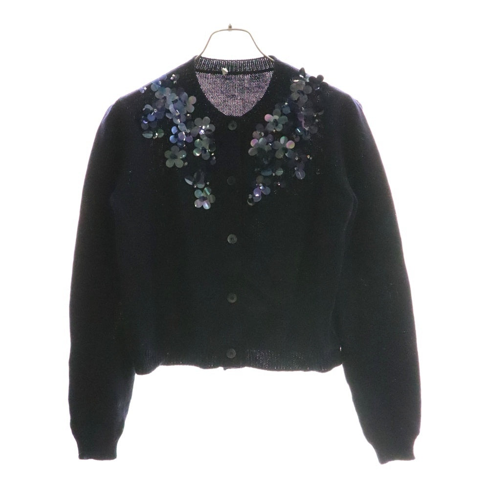 miumiu(ミュウミュウ) 16AW フラワー ビーズ装飾 ウール クルーネック 長袖ニット カーディガン ネイビー レディース MMC039