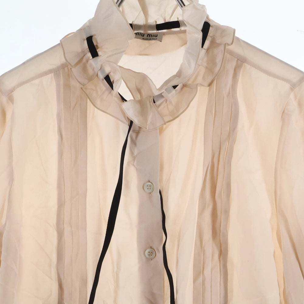 miumiu(ミュウミュウ) 19SS リボン ギャザーカラー タック シルク 長袖