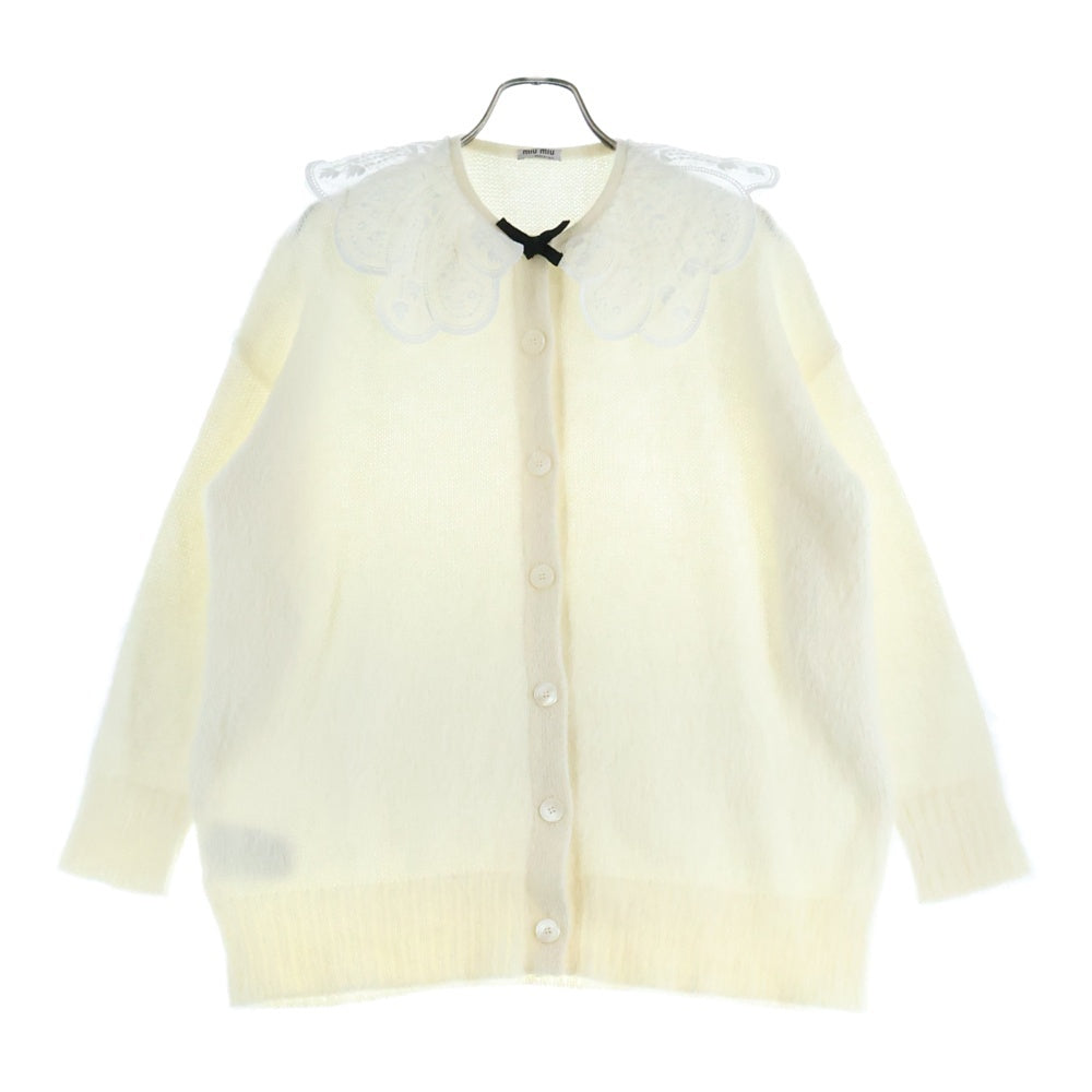 miumiu(ミュウミュウ) 19AW レース リボン デザイン モヘア クルーネック 長袖 ニット カーディガン ホワイト レディース MMF131