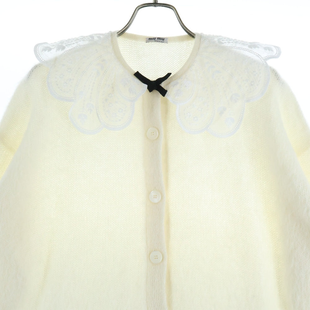 miumiu(ミュウミュウ) 19AW レース リボン デザイン モヘア クルーネック 長袖 ニット カーディガン ホワイト レディース MMF131