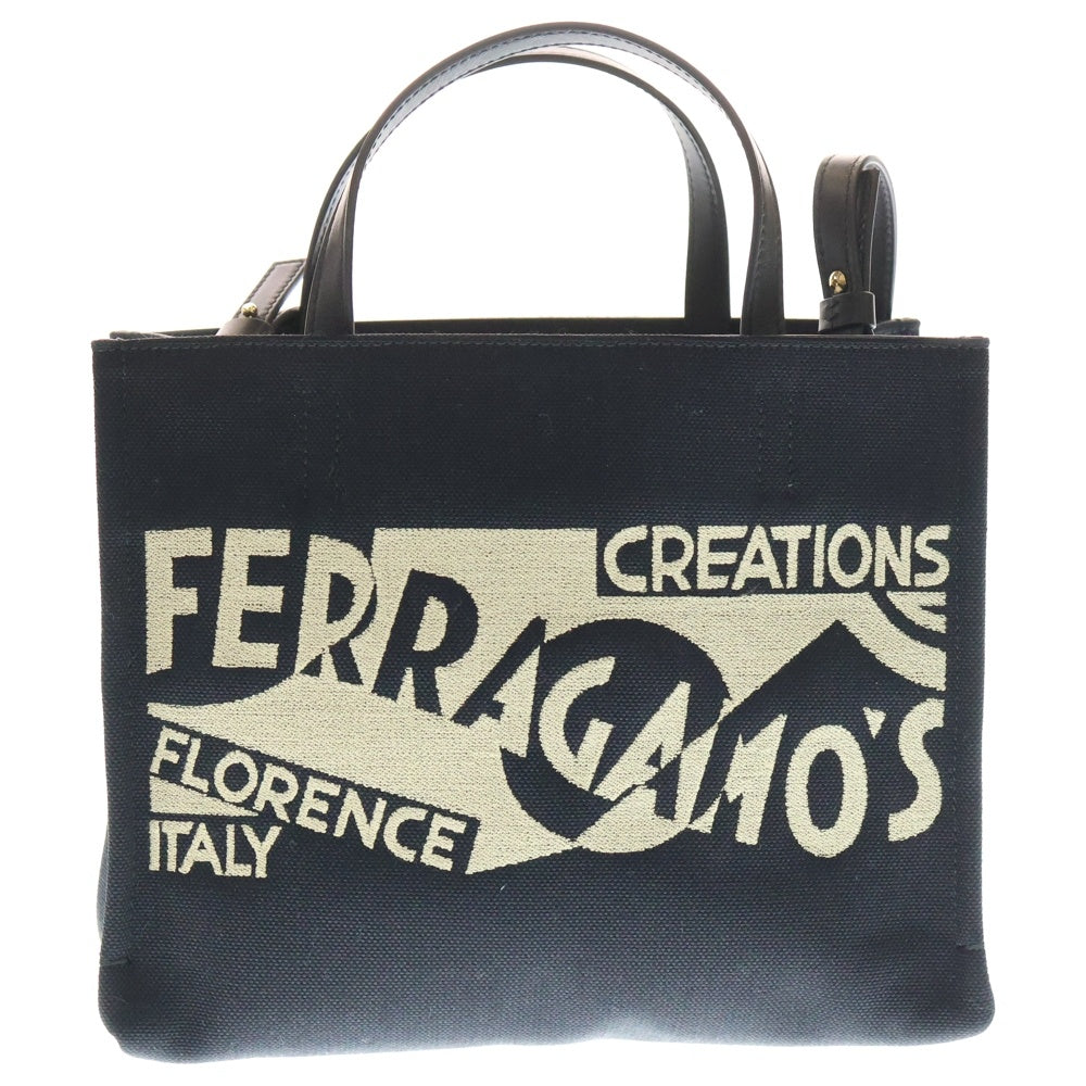 Salvatore Ferragamo(サルヴァトーレ フェラガモ) 2WAY ロゴレザー切替キャンバスハンドバッグ ショルダーバッグ ブラック/ベージュ レディース