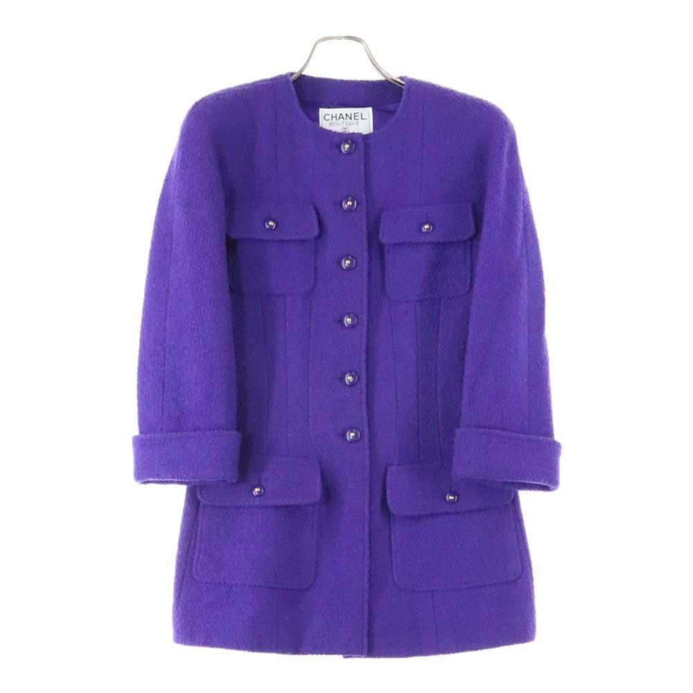 CHANEL(シャネル) 95AW ココマークボタン ウールツイード ノーカラー ロングジャケット パープル レディース P05336V04303