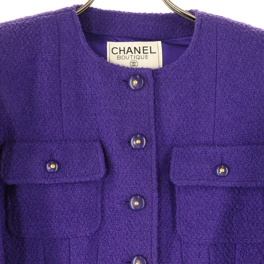 CHANEL(シャネル) 95AW ココマークボタン ウールツイード ノーカラー ロングジャケット パープル レディース P05336V04303