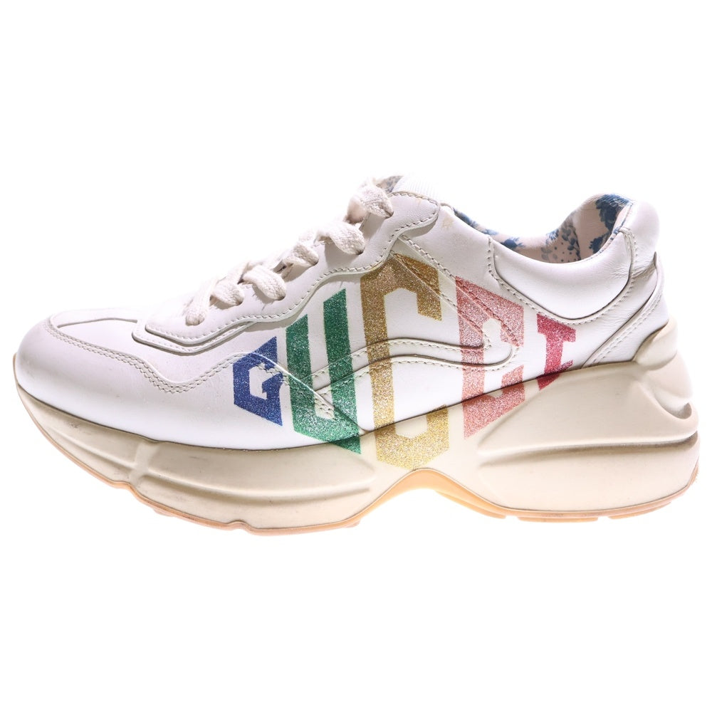 GUCCI(グッチ) 18AW ライトン ラメ グリッターロゴプリント レザー 厚底 レースアップ ローカットシューズ スニーカー ホワイト/アイボリー レディース 524990