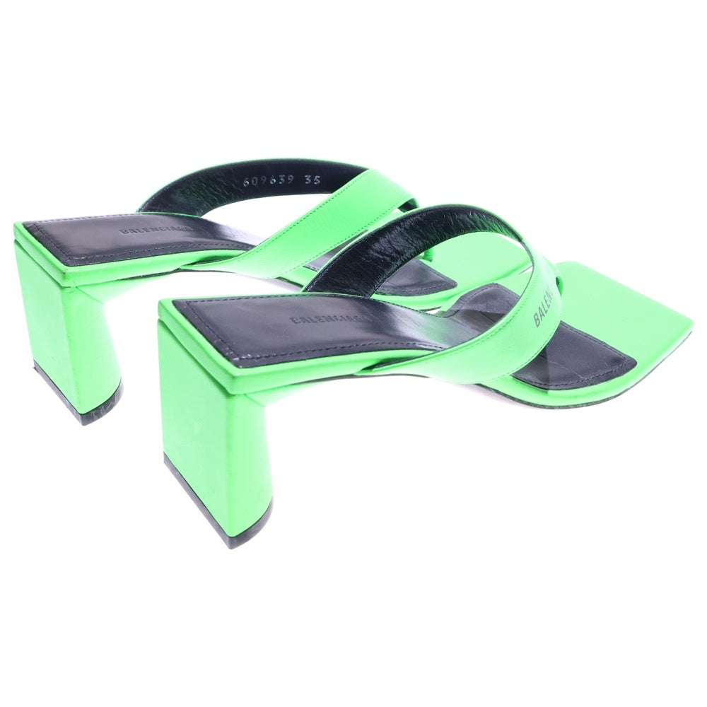 BALENCIAGA(バレンシアガ) ロゴプリント スクエアトゥ レザー ヒール サンダル パンプス シューズ グリーン レディース 609639