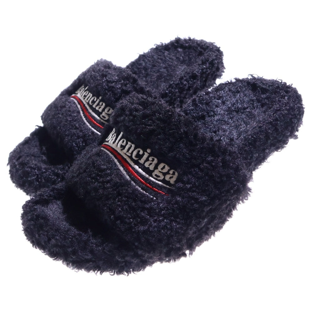 BALENCIAGA(バレンシアガ) キャンペーンロゴ刺繍 ファー スライド ヒール サンダル シューズ ブラック レディース 762826