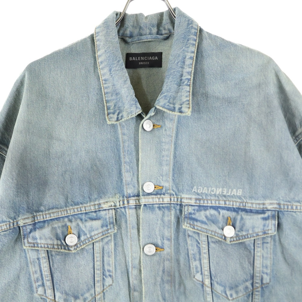 BALENCIAGA(バレンシアガ) バックロゴプリント ユーズド加工 オーバーサイズ デニム トラッカージャケット インディゴ 725034