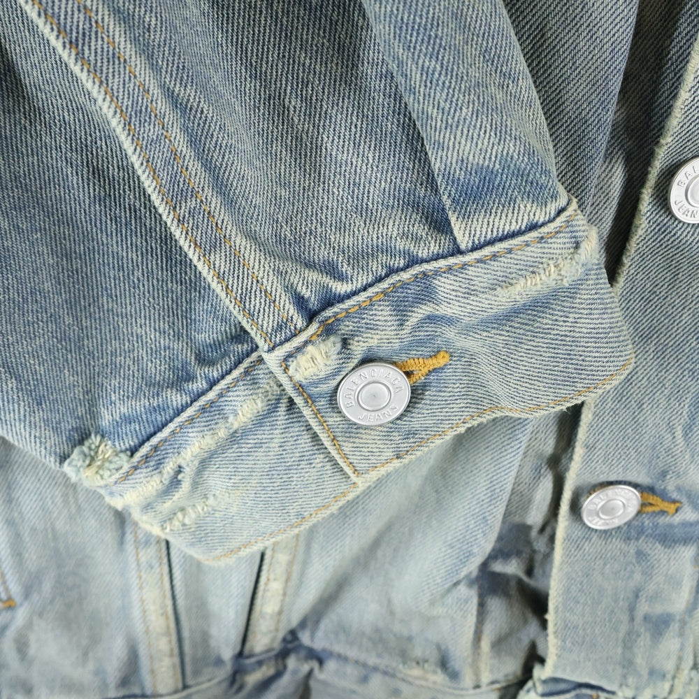 BALENCIAGA(バレンシアガ) バックロゴプリント ユーズド加工 オーバーサイズ デニム トラッカージャケット インディゴ 725034