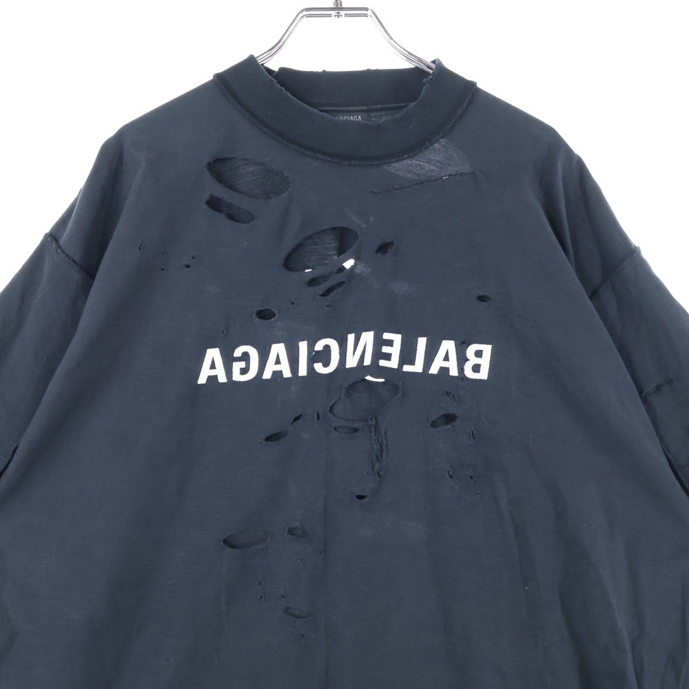 BALENCIAGA(バレンシアガ) 22AW Inside Out インサイドアウト ダメージ加工 ロゴ刺繍 オーバーサイズ クルーネック 半袖Tシャツ カットソー ブラック 720198