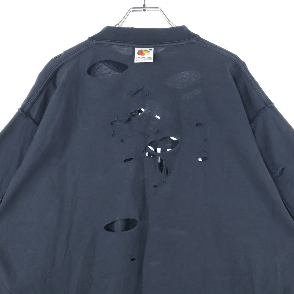 BALENCIAGA(バレンシアガ) 22AW Inside Out インサイドアウト ダメージ加工 ロゴ刺繍 オーバーサイズ クルーネック 半袖Tシャツ カットソー ブラック 720198