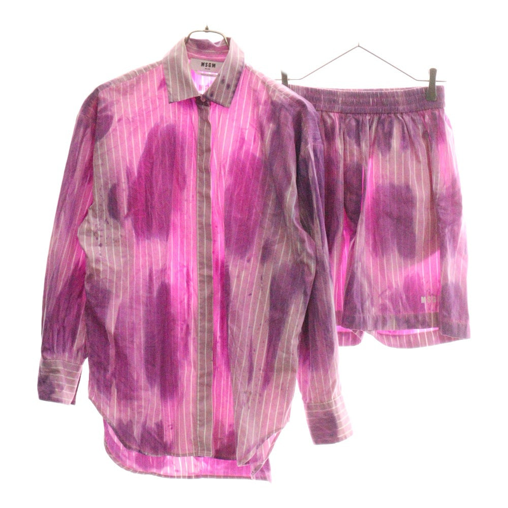 MSGM(エムエスジーエム) セットアップ タイダイ染め ストライプ総柄 比翼ボタン オーバーサイズ 長袖シャツ ロゴプリント ショート ハーフパンツ ショーツ パープル/ピンク 2841MDE05EX