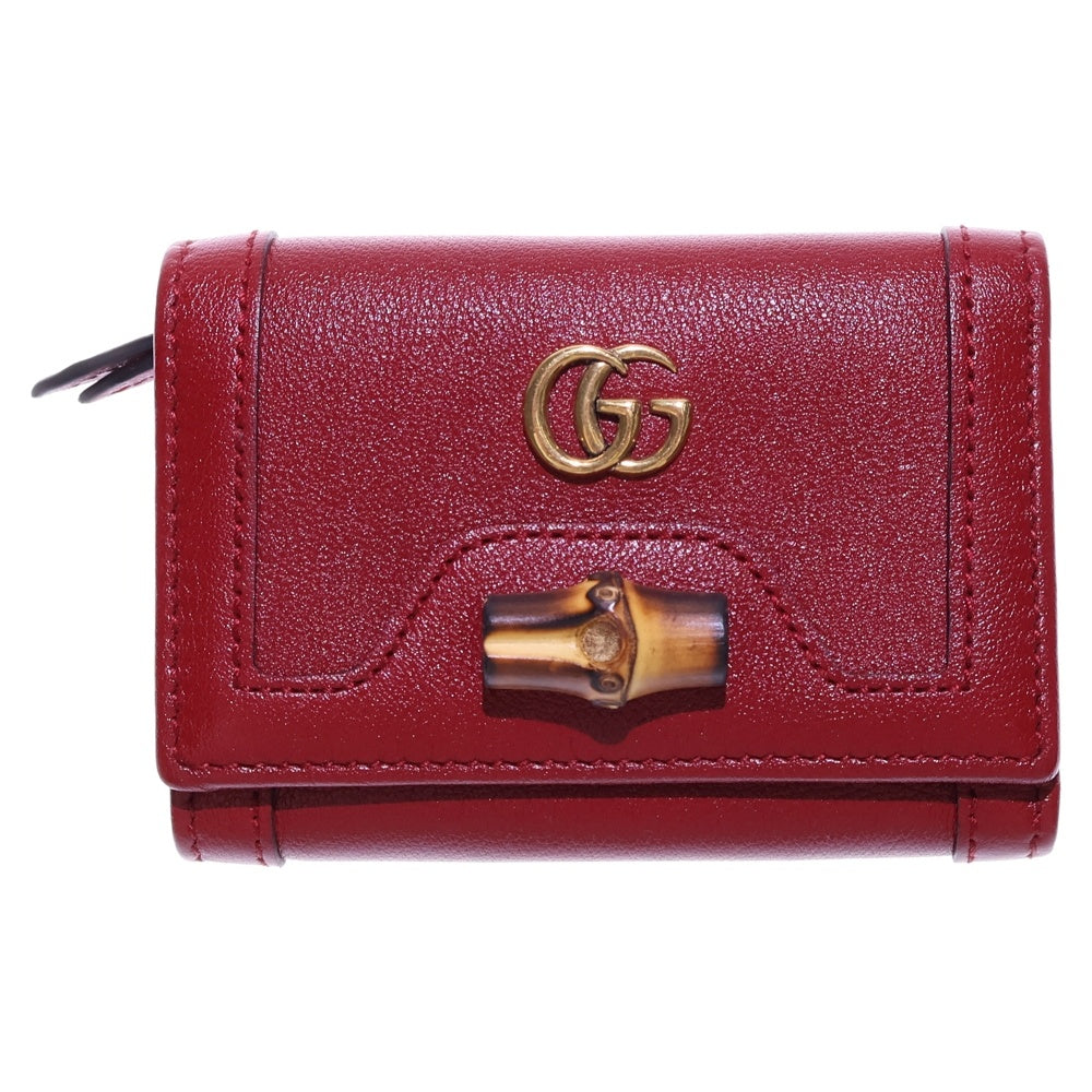 GUCCI(グッチ) バンブー 三つ折り財布 コンパクトウォレット レッド レザー ゴールド金具 658633