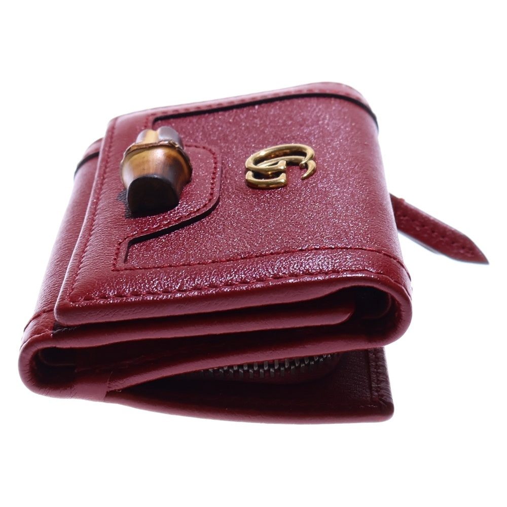 GUCCI(グッチ) バンブー 三つ折り財布 コンパクトウォレット レッド レザー ゴールド金具 658633