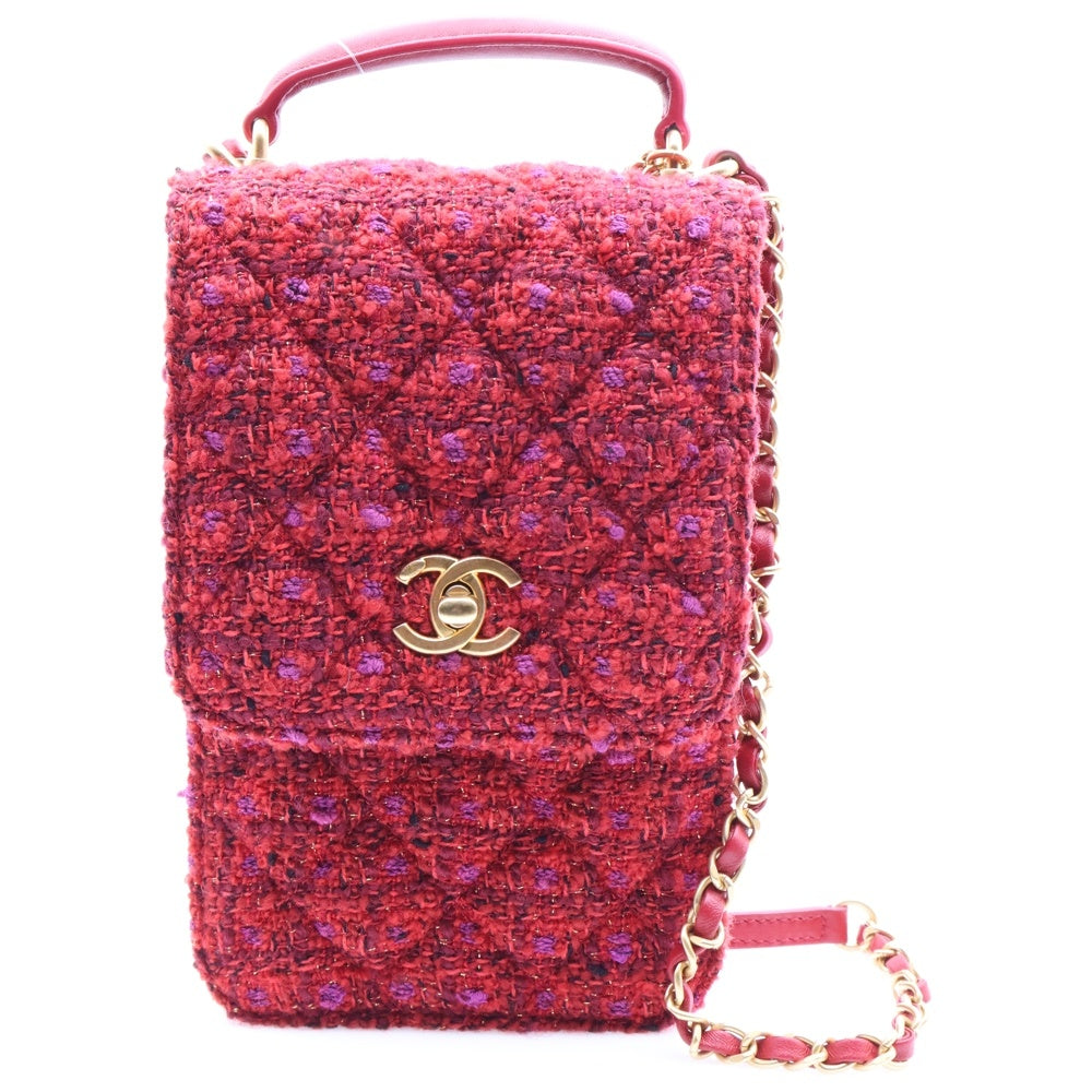 CHANEL(シャネル) ツイードマトラッセ ココマーク ターンロック ラムスキン レザー 2WAY トップハンドル チェーンショルダーバッグ ゴールド金具 レッド AS4285