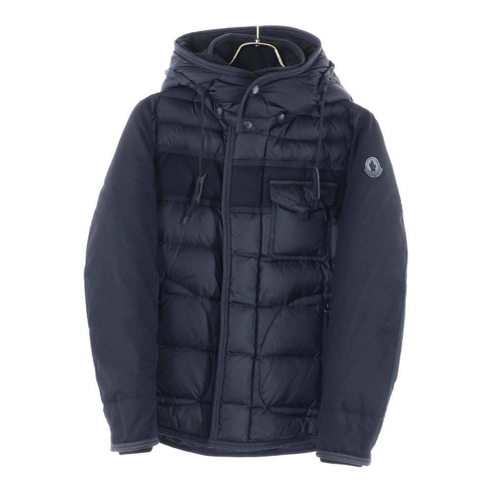 MONCLER(モンクレール) 17AW RYAN ライアン レザーワッペンロゴ ウール切り替え フーデッド ジップアップ ダウンジャケット ブラック C20914139285 53227