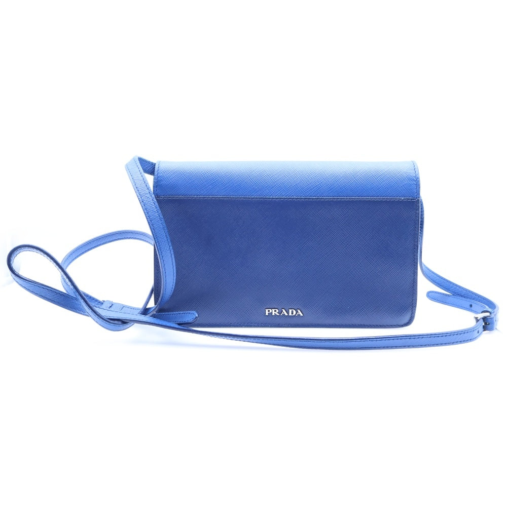 PRADA(プラダ) ロゴプレート サフィアーノレザー ターンロック ショルダーバッグ シルバー金具 ブルー BT1020