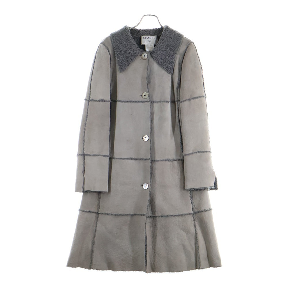 CHANEL(シャネル) 00AW ラムスキン シアリング ムートン レザー シェルボタン ボアライニング ロング コート グレー/ベージュ レディース P16552V00830