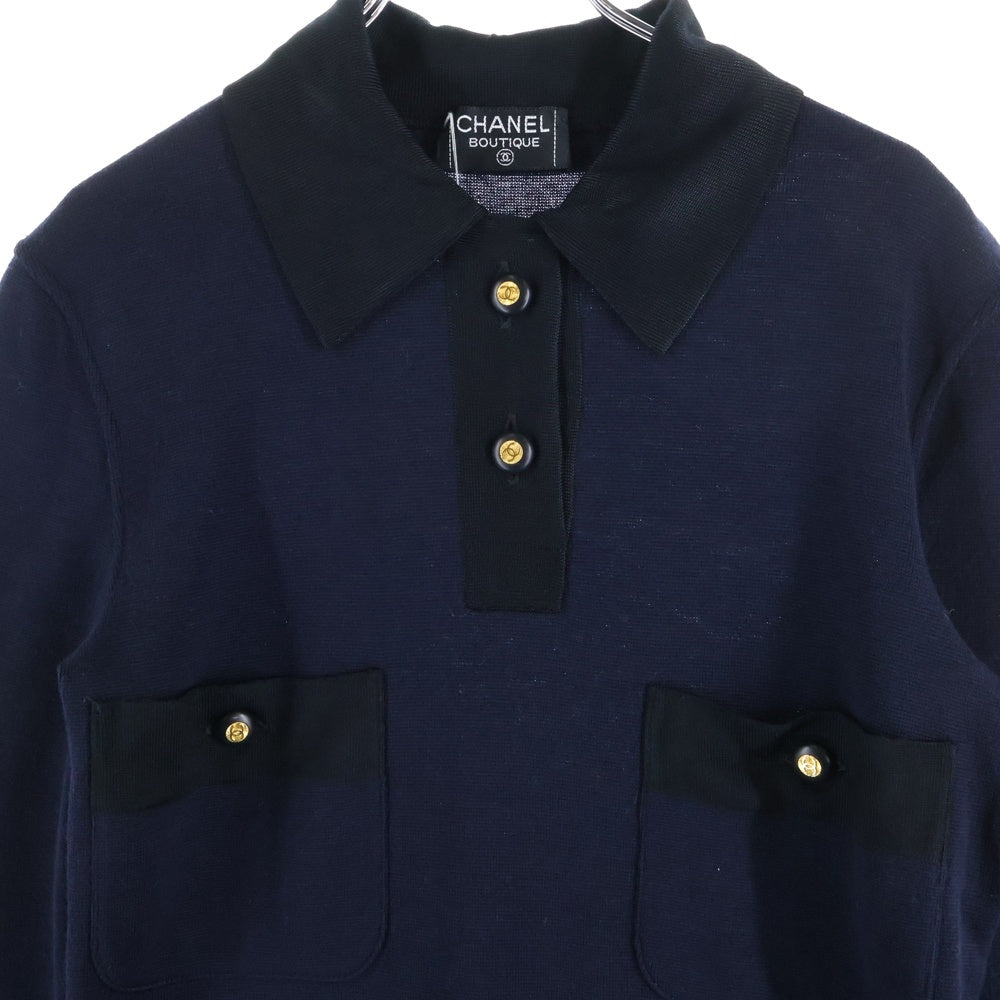 CHANEL(シャネル) ココマークボタン シルク混 マルチポケット ニット ワンピース ドレス ネイビー レディース
