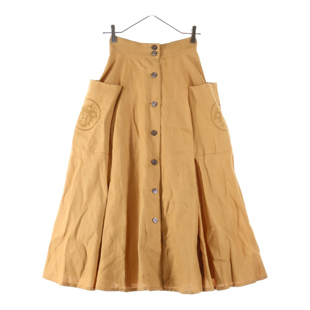 HERMES(エルメス) ロゴ刺繍 ボタン スカート ブラウン コットン レディース