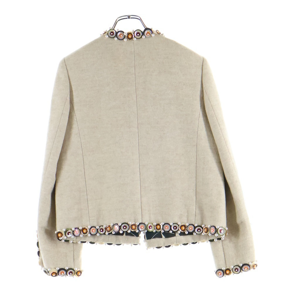 CHANEL(シャネル) 01AW ココマークウッドプレート パール スパンコール刺繍 装飾 シルク カシミヤ混 ウール ノーカラージャケット ベージュ レディース P18311W02840