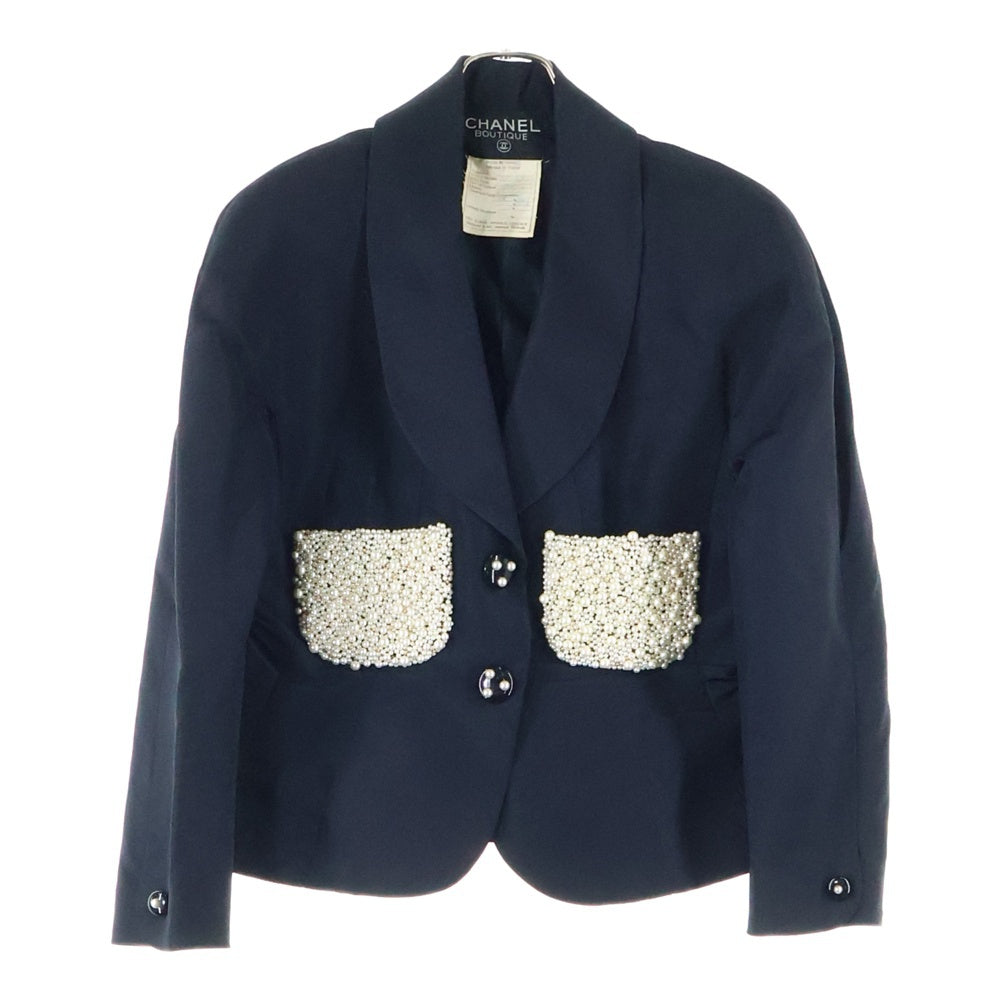 CHANEL(シャネル) 90S VINTAGE ヴィンテージ パール装飾 シルク 2B スナップボタン ショールカラー テーラードジャケット ブラック レディース
